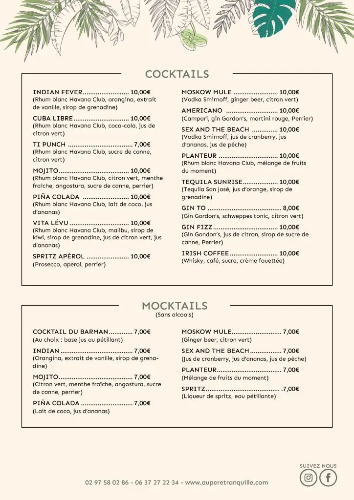 Carte Menu Au Père Tranquille Cocktail