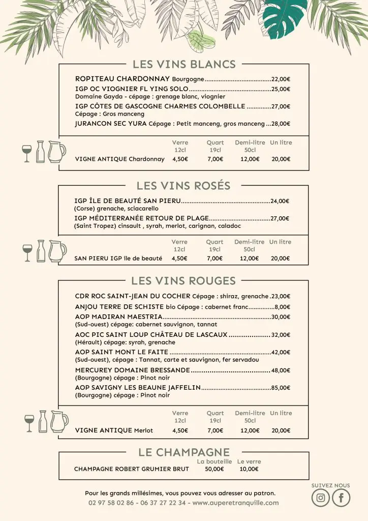 Menu Au Père Tranquille vins