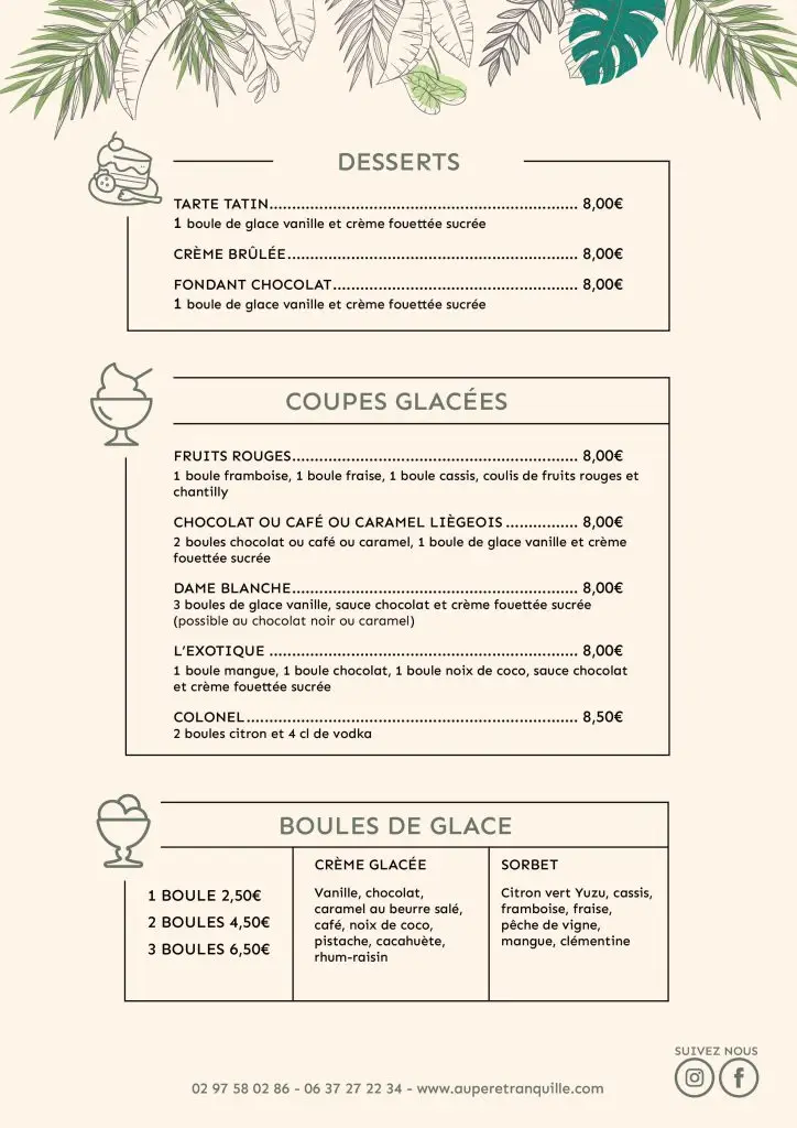 Menu Restaurant Au Père Tranquille desserts